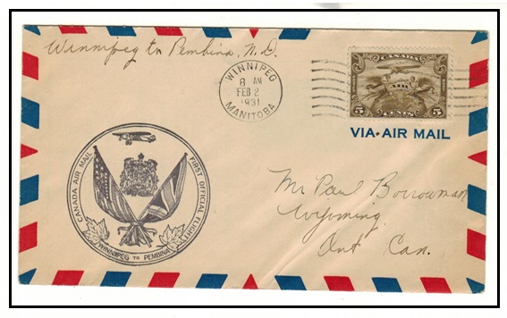 CANADA - 1931 first flight cover from Winnipeg to Pembina.