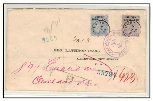 SOMALILAND - 1904 4 1/2a rate registered cover to USA used at BERBERA.