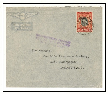 K.U.T. - 1951 20c rate cover to UK used at NAIROBI struck INSUFFICIENTLY PRE-PAID/FOR AIR MAIL.