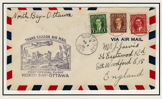 CANADA - 1939 NORTH BAY to OTTAWA first flight cover.