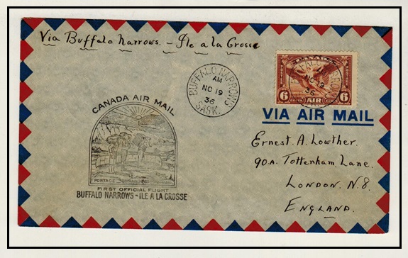 CANADA - 1936 BUFFALO NARROWS to ILE A LA CROSSE first flight cover.