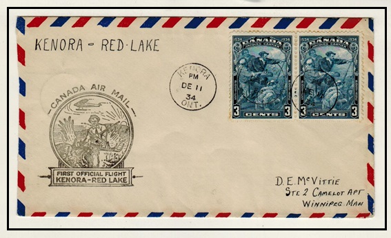 CANADA - 1935 KENORA to RED LAKE first flight cover.