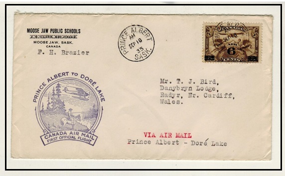 CANADA - 1935 PRINCE ALBERT to DORE LAKE first flight cover.