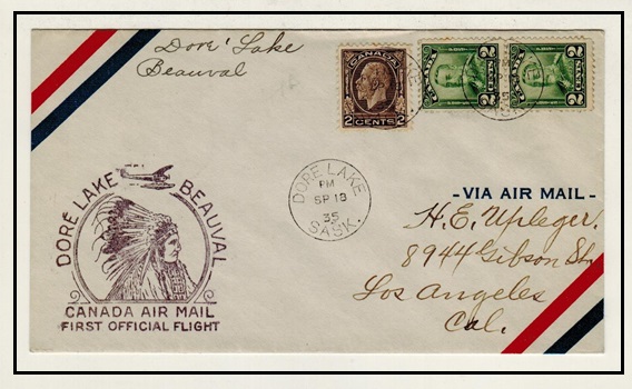CANADA - 1935 DORE LAKE to BEAUVAL first flight cover.