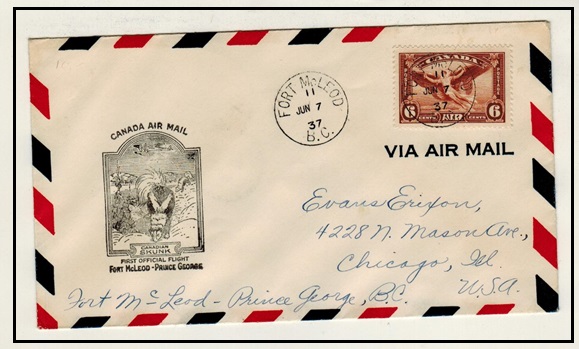 CANADA - 1937 FORT McCLEOD to PRINCE GEORGE first flight cover.