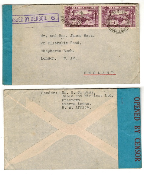 SIERRA LEONE - 1943 3d rate PASSED BY CENSOR/6  cover to UK.