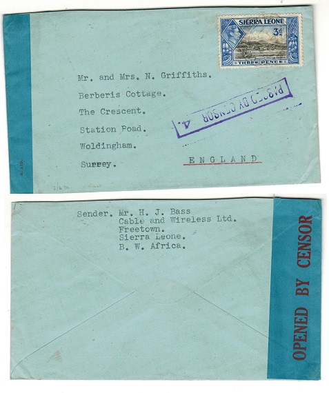 SIERRA LEONE - 1942 3d rate PASSED BY CENSOR/4 cover to UK.