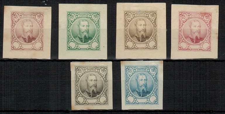 BELGIUM - 1866 six IMPERFORATE PLATE PROOFS of a unadopted design.