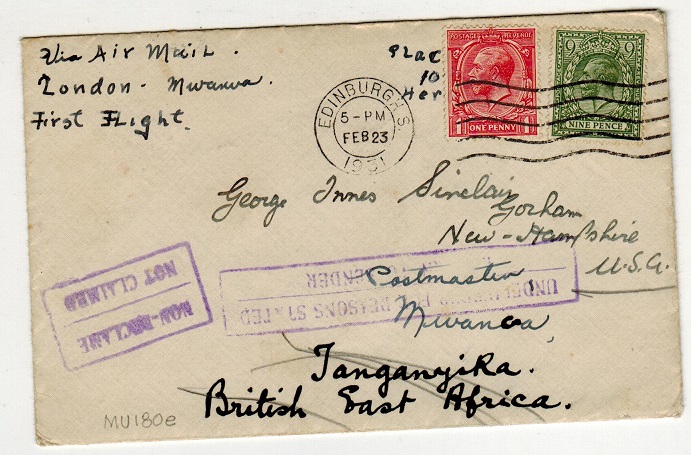 TANGANYIKA - 1931 inward first flight cover from UK with UNDELIVERED and NOT CALLED h/s