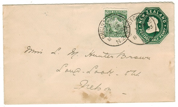 NEW ZEALAND - 1900 1/2d green uprated PSE addressed locally and used at CHRISTCURCH.  H&G 4a.