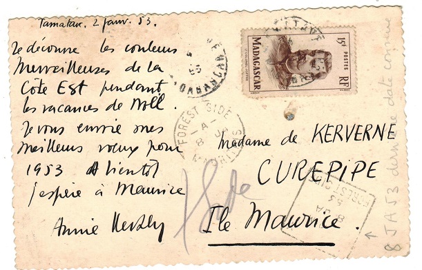 MAURITIUS - 1953 inward postcard from Madagascar with DELIVERY/FOREST SIDE h/s applied.