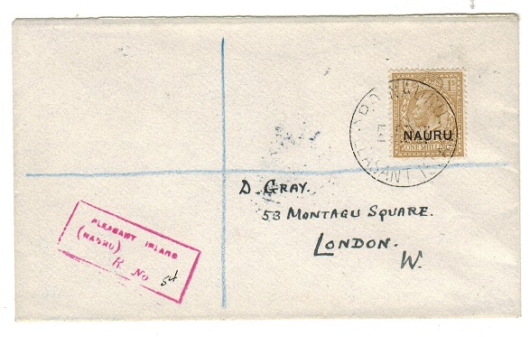 NAURU - 1923 1/- rate registered cover to UK used at PLEASANT ISLAND.