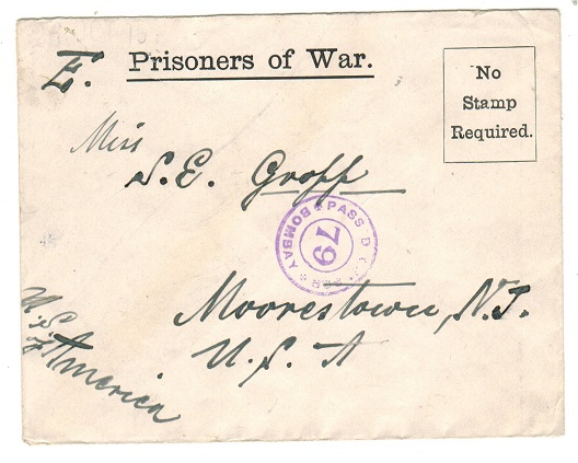 INDIA - 1917 PRISONER OF WAR censored envelope to USA from a POW inmate at Ahmednagar Camp.