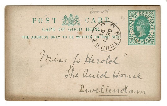 CAPE OF GOOD HOPE - 1892 1/2d green PSC used locally from BATHURST.  H&G 5.