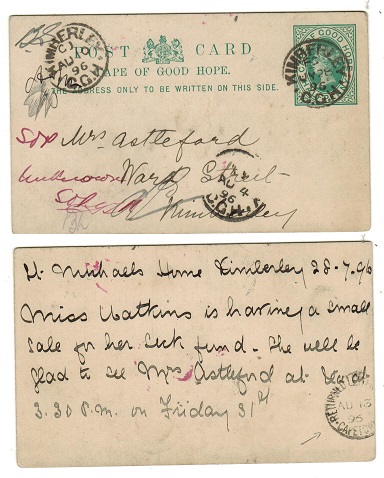 CAPE OF GOOD HOPE - 1892 1/2d green PSC from KIMBERLEY with RETURNED LETTER/CAPETOWN strike.  H&G 5.