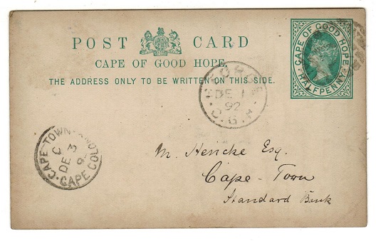 CAPE OF GOOD HOPE - 1892 1/2d green PSC used locally from GEORGE.  H&G 5.