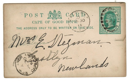CAPE OF GOOD HOPE - 1892 1/2d green PSC used locally from KALK BAY.  H&G 5.