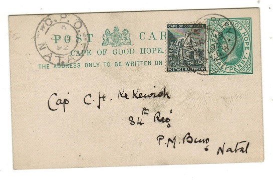 CAPE OF GOOD HOPE - 1892 1/2d green PSC used locally and uprated at KIMBERLEY.  H&G 5.