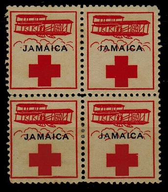 JAMAICA - 1916 (1/2d) RED CROSS semi postal label in a fine mint block of four.