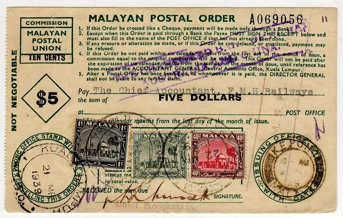 MALAYA - 1939 use of $5 POSTAL ORDER.