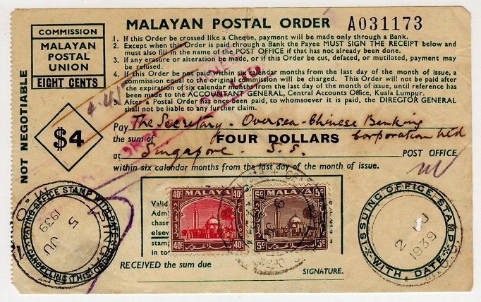 MALAYA - 1939 use of $4 POSTAL ORDER.