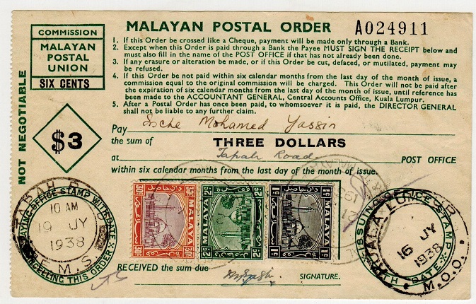 MALAYA - 1938 use of $3 POSTAL ORDER.