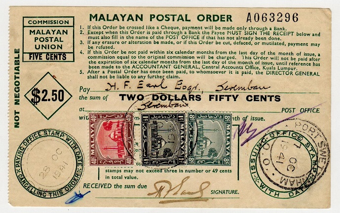 MALAYA - 1941 use of $2.50 POSTAL ORDER.
