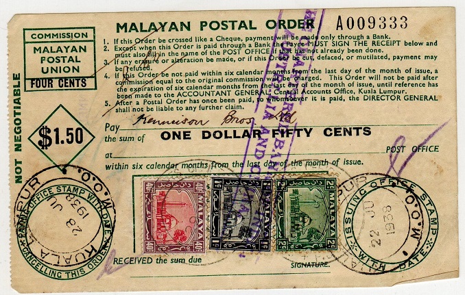 MALAYA - 1938 use of $1.50c POSTAL ORDER.