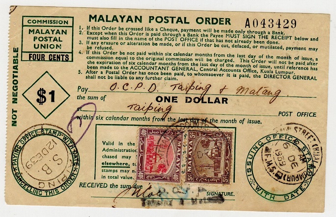 MALAYA - 1939 use of $1 POSTAL ORDER.
