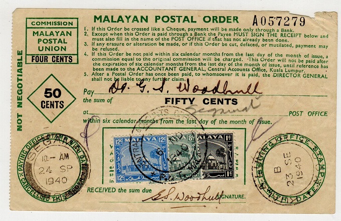 MALAYA - 1940 use of 50c POSTAL ORDER.