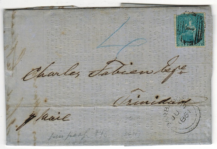 BARBADOS - 1861 (1d) pin perf used on entire to Trinidad.