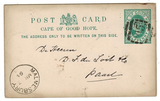 CAPE OF GOOD HOPE - 1892 1/2d green PSC used at MALMESBURY.  H&G 5.