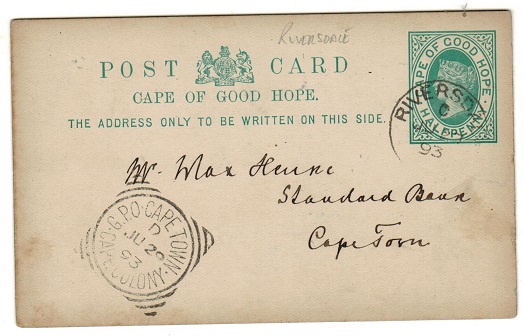 CAPE OF GOOD HOPE - 1892 1/2d green PSC used at RIVERSDALE.  H&G 5.