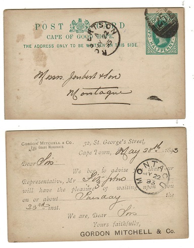 CAPE OF GOOD HOPE - 1892 1/2d green PSC used at ROBERTSON.  H&G 5.