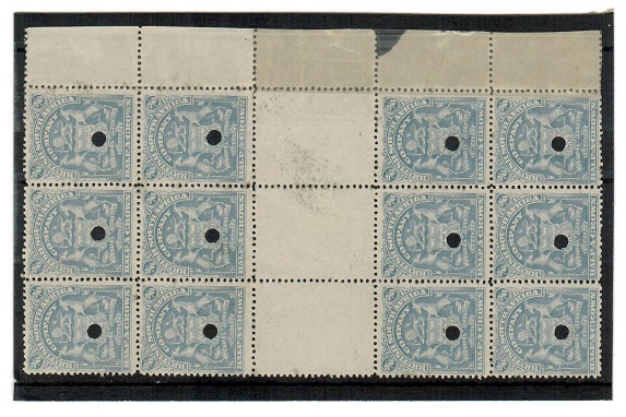 RHODESIA - 1906 2/6d bluish grey GUTTER marginal block of 12 with official security punch holes.