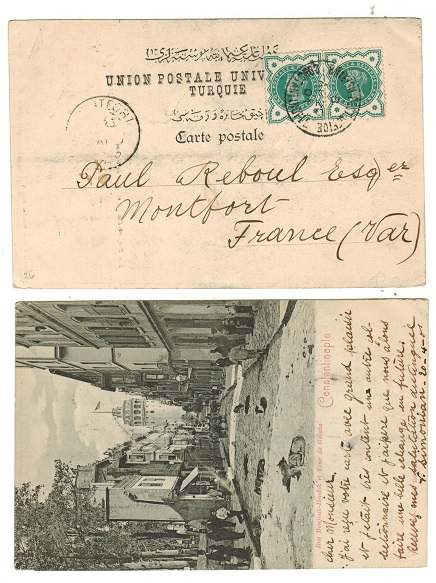 BRITISH LEVANT - 1901 postcard use to France with GB 1/2d green pair used at CONSTANTINOPLE.