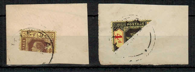NEW GUINEA - 1930 (circa) Fiji 3d and 4d on two pieces BISECTED and cancelled KIETA in New Guinea.