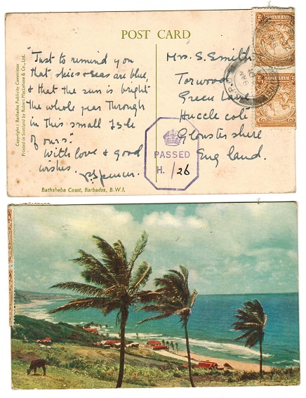BARBADOS - 1943 1d rate postcard use to UK with PASSED/H./26 censor strike.