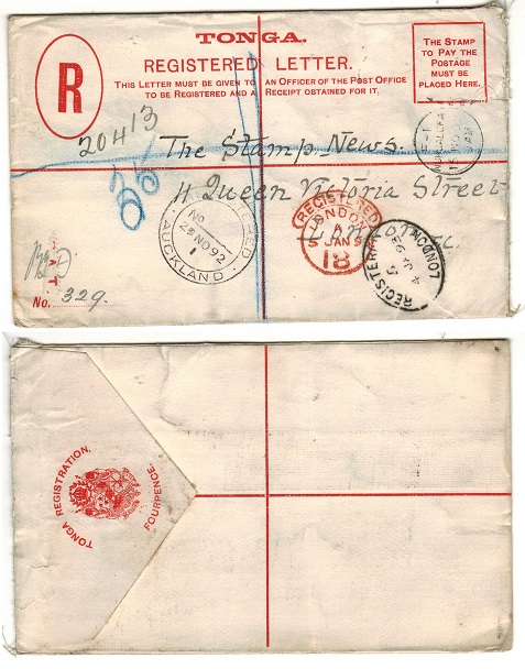 TONGA - 1892 4d red RPSE to UK (stamps removed). H&G 5.