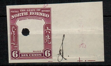 NORTH BORNEO - 1939 6c IMPERFORATE PLATE PROOF of the frame and value tablet.