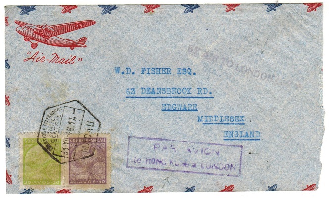 HONG KONG - 1946 transit cover from Macau to UK with BY AIR TO LONDON ONLY h/s.