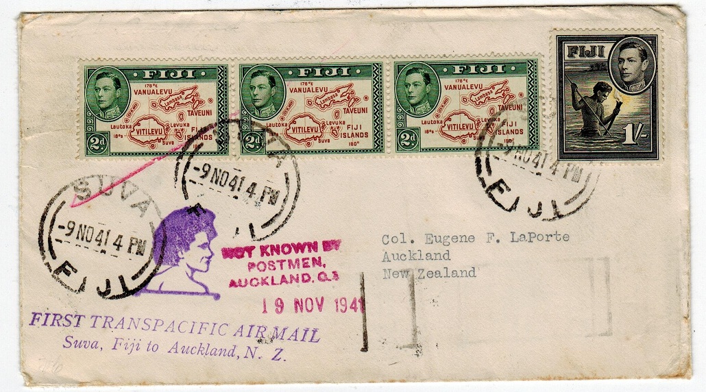 NEW ZEALAND - 1941 inward first fglight cover with NOT KNOWN BY/POSTMAN/AUCKLAND h/s.