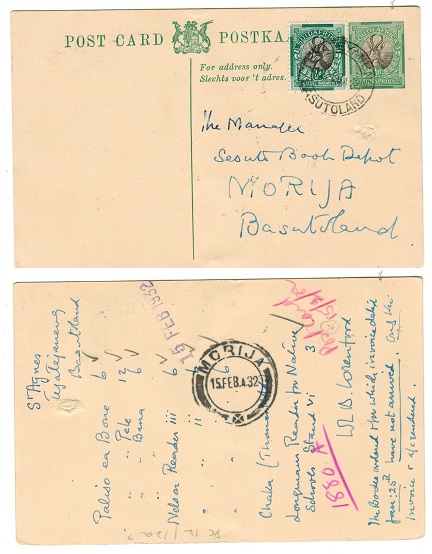 BASUTOLAND - 1932 use of South African 1/2d PSC uprated locally from TETATEYANENG.  H&G 11.