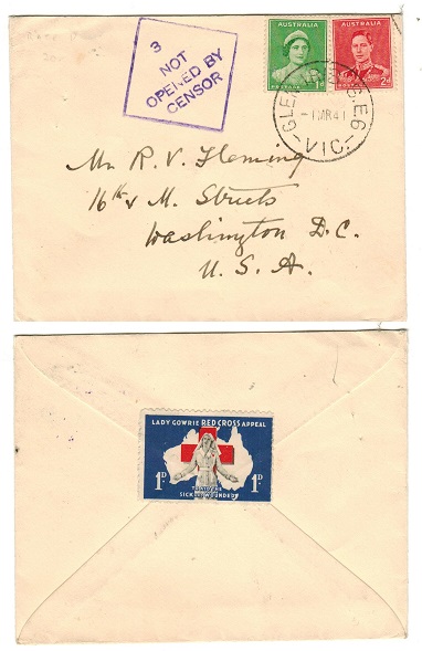 AUSTRALIA - 1941 3d rate cover to USA with 3/NOT/OPENED BY/CENSOR strike applied.