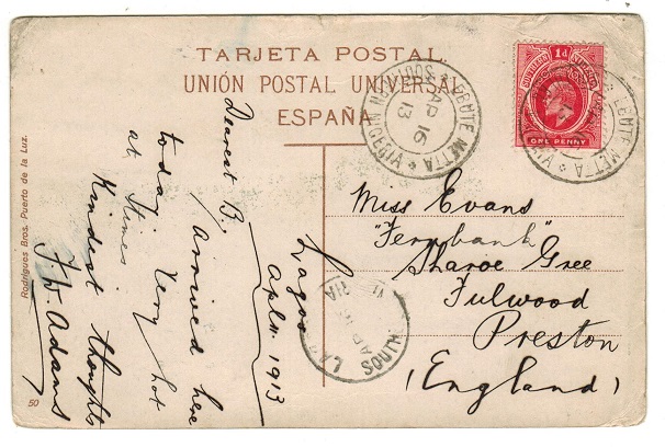 SOUTHERN NIGERIA - 1913 1d rate postcard to UK used at EBUTHE METTA.