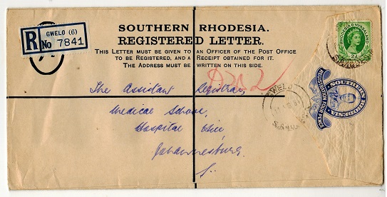 SOUTHERN RHODESIA - 1937 4d ultramarine RPSE to Johannesburg used at GWELO.  HG& 7.