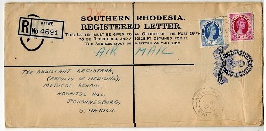 SOUTHERN RHODESIA - 1937 4d ultramarine RPSE to Johannesburg used at KITWE.  H&G 7.