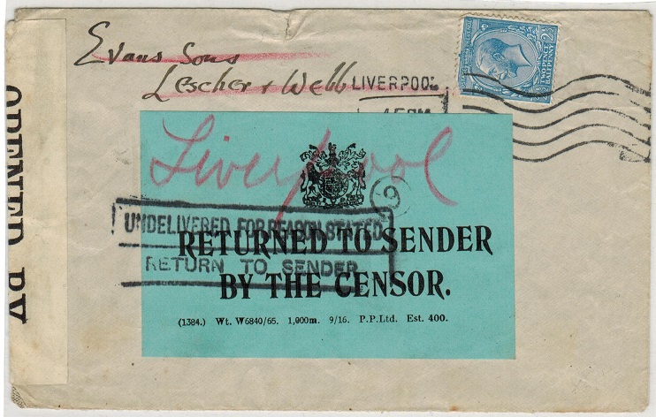 GREAT BRITAIN - 1916 (circa) RETURNED TO SENDER/BY THE CENSOR labelled cover.