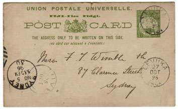 FIJI - 1895 PSC used from LEVUKA.  H&G 2.