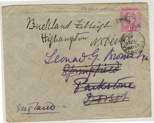NORTHERN NIGERIA - 1908 1d rate cover to UK with manuscript dating on weak YOLA cds.